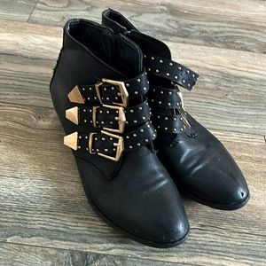 Black Leather Rose Gold Studded Buckle Booties Size 7.5